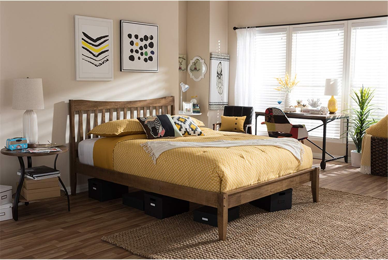 Baxton Studio Edeline Mid-Century Modern Curvaceous Slatted Platform Bed Queen