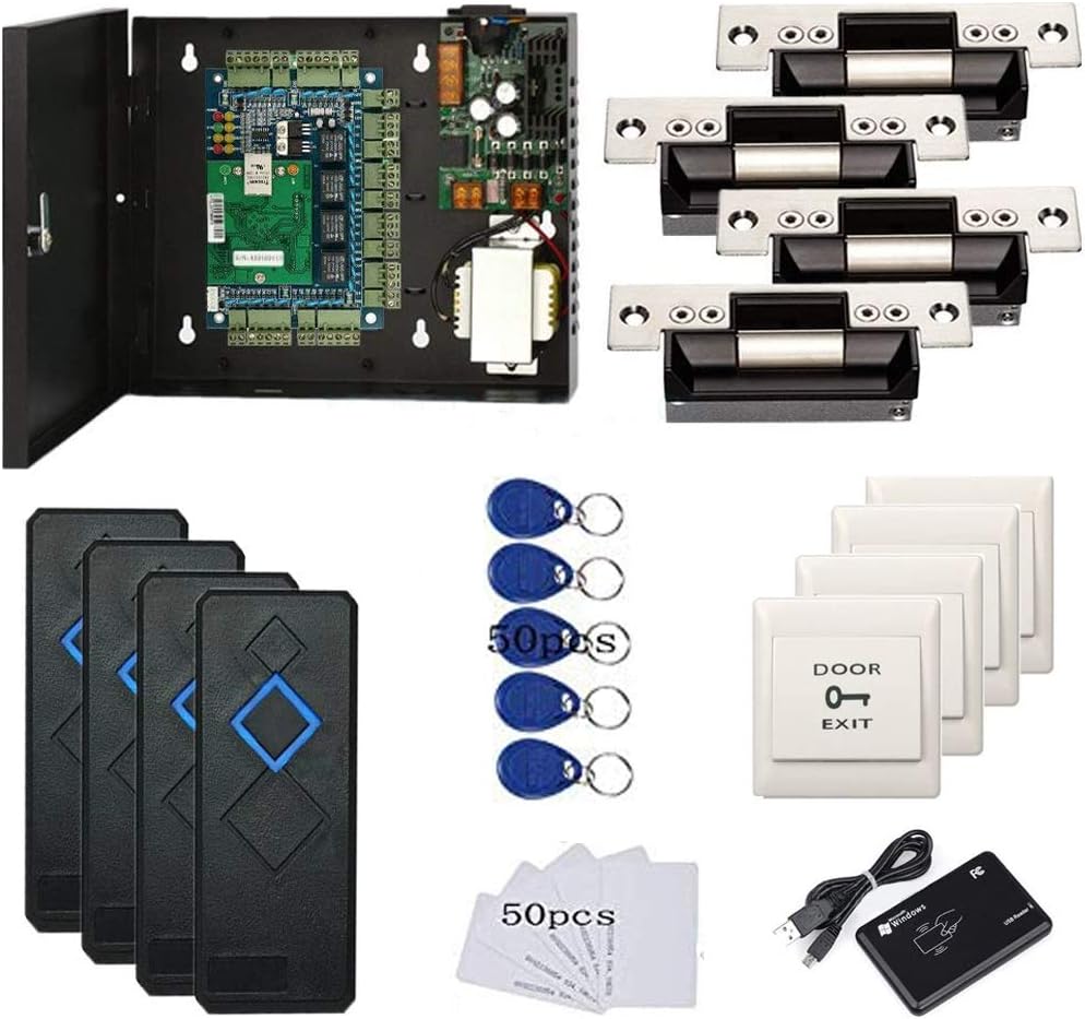 4 Doors Access Control Security Kits with North American ANSI Standard Strike Lock,110V Power Supply Box,RFID Reader,Push to Exit Button,RFID Card & Key Fob,TCP/IP Based,Phone APP Remotely Open Door