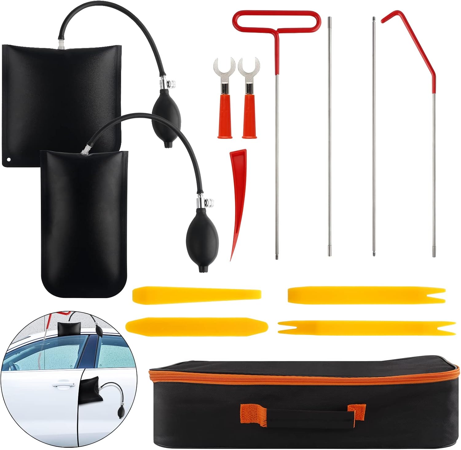 Komake 14Pcs Professional Automotive Car Tool Kits with Long Reach Grabber,Non Marring Wedge,Air Wedge Bag Pump,Trim Removal Tool Set for Cars Trucks