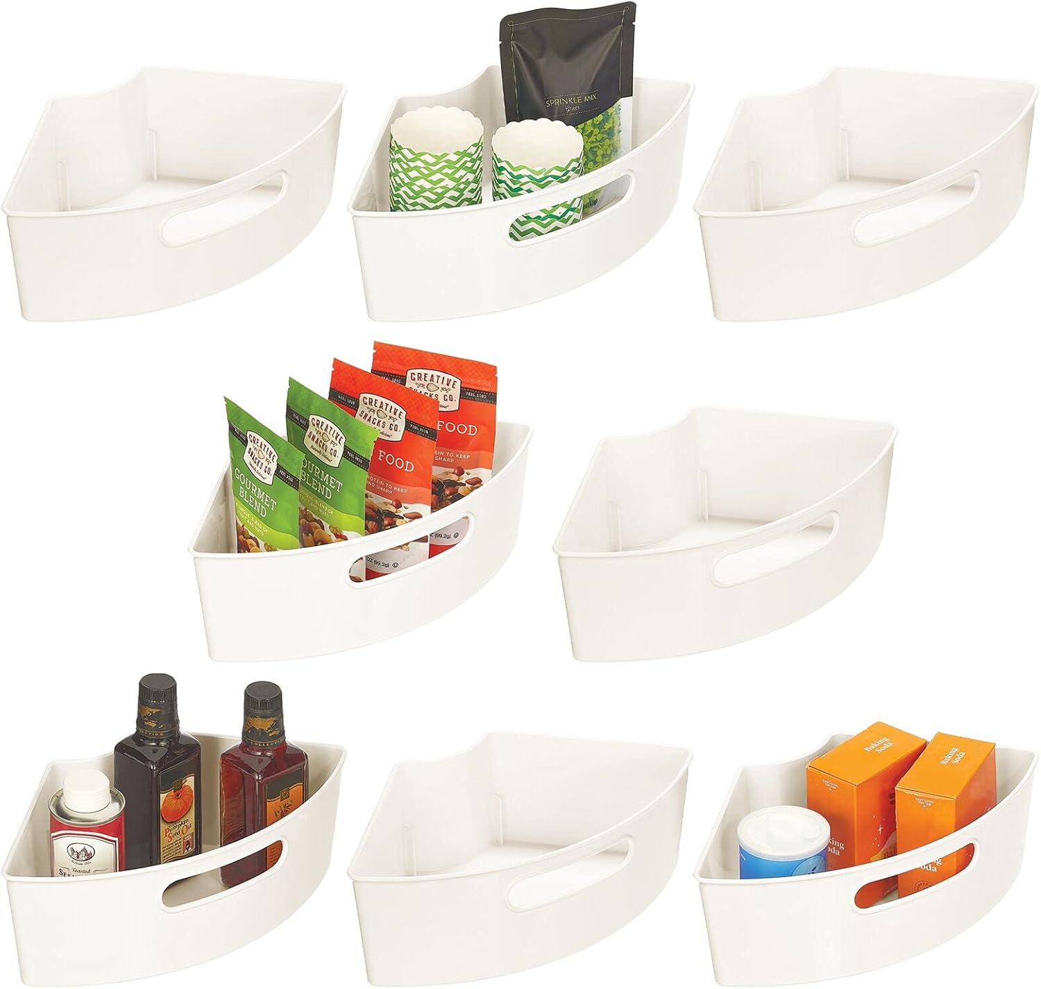 mDesign Kitchen Cabinet Plastic Lazy Susan Storage Organizer Bins with Front Handle - Large Pie-Shaped 1/4 Wedge, 6