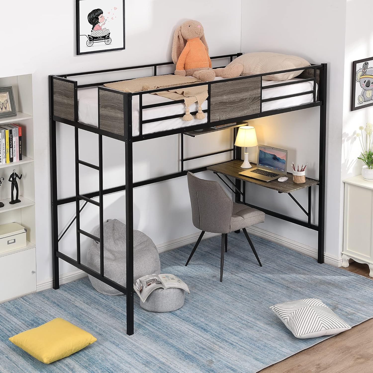 STARTOGOO Metal & Wood Loft Bed with Desk and Shelves, Twin Loftbed Frame w/ Full Length Guardraill and Built-in Ladder for Kids Teens (Twin, Black
