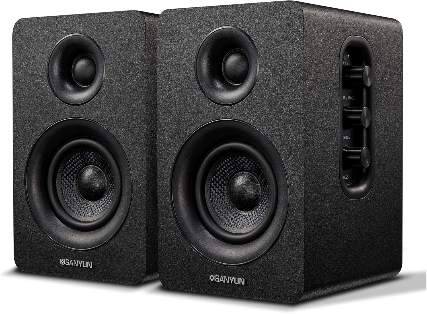Sanyun SW228BT 80W Active Bookshelf Speakers &ndash; 4Inch Carbon Fiber Speaker Unit - Wireless Studio Monitors - Optical RCA Coaxial Bluetooth 5.0- Built-in 24bit DAC - Wooden Enclosure (Upgraded)