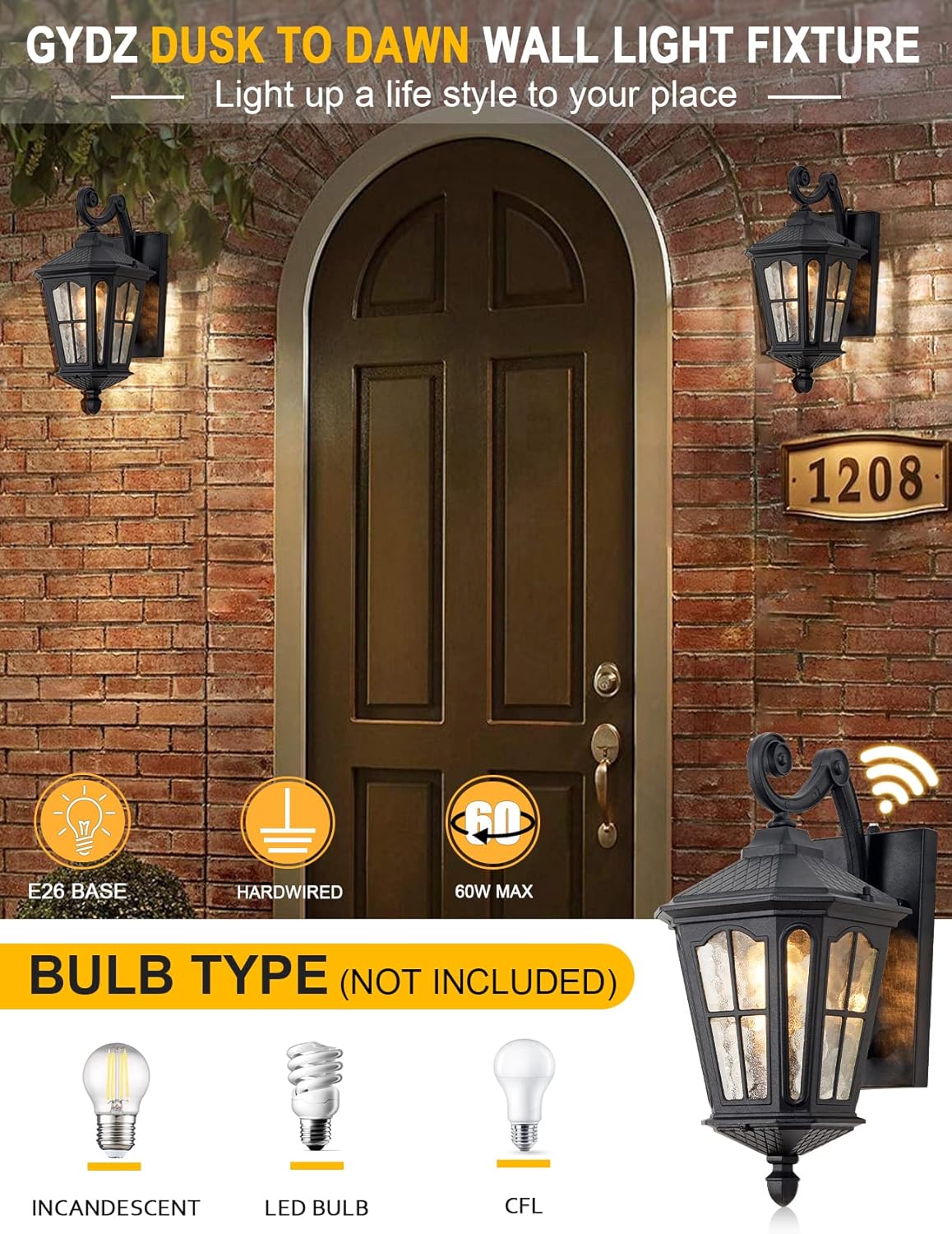 GYDZ Outdoor Wall Mount Light Fixture, Dusk to Dawn Outdoor Porch Light, Exterior Light Fixture Wall Mount , Anti-Rust Waterproof Matte Black Wall Light with Water Ripple Glass for Doorway,15'75''H