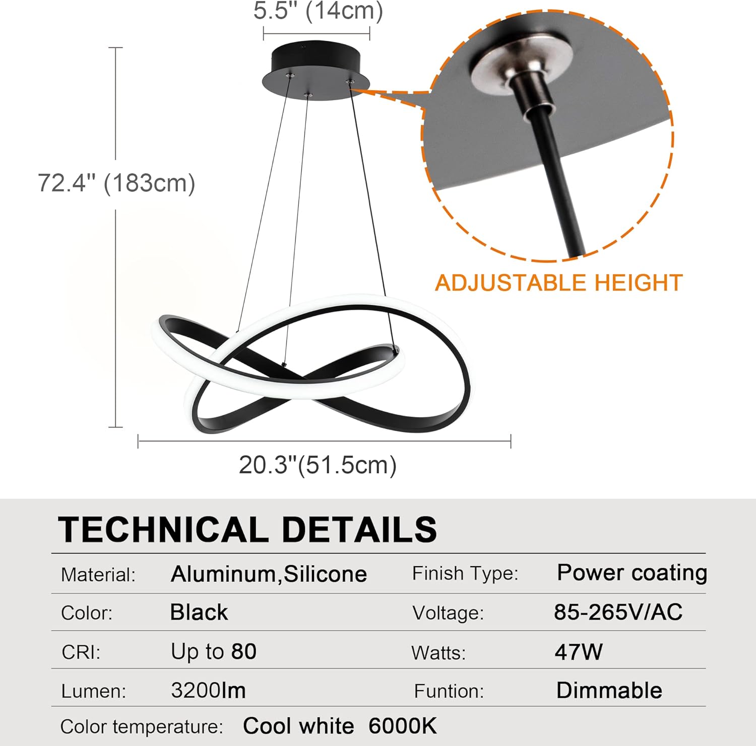 LEIP Modern LED Pendant Light with Irregular Ring Lights Dimmable，Adjustable Chandelier Ceiling Light Fixture for Kitchen Dining Room Bedroom Kitchen Island Cafe, Matt Black Finish, 6000K White