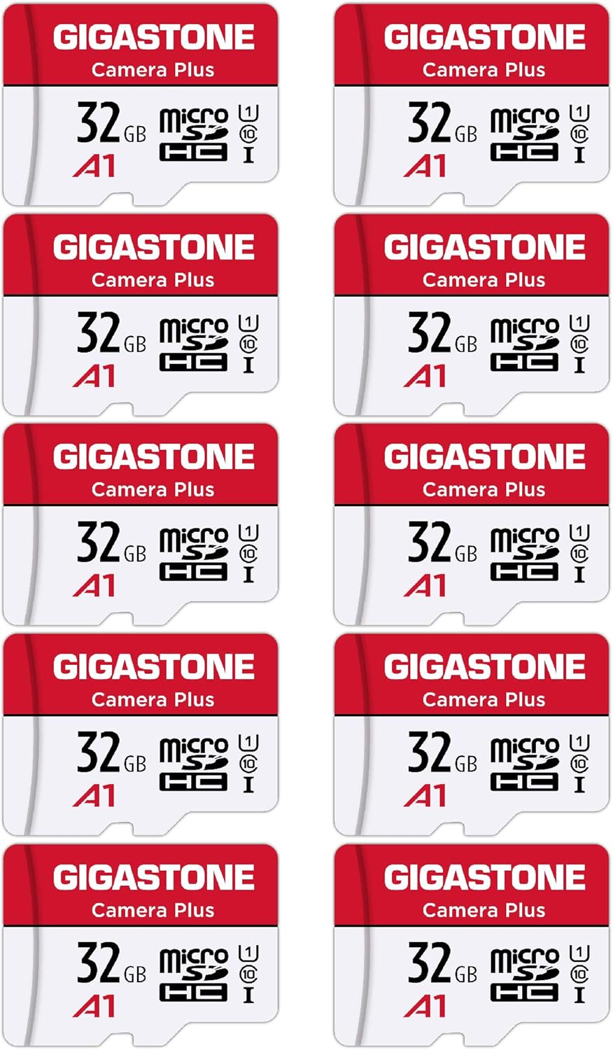 [Gigastone] Micro SD Card 32GB 10-Pack, Camera Plus, MicroSDHC Memory Card for Video Camera, Wyze Cam, Security Camera, Roku, Full HD Video Recording, UHS-I U1 A1 Class 10, up to 90MB/s, with Adapter Pack of 2