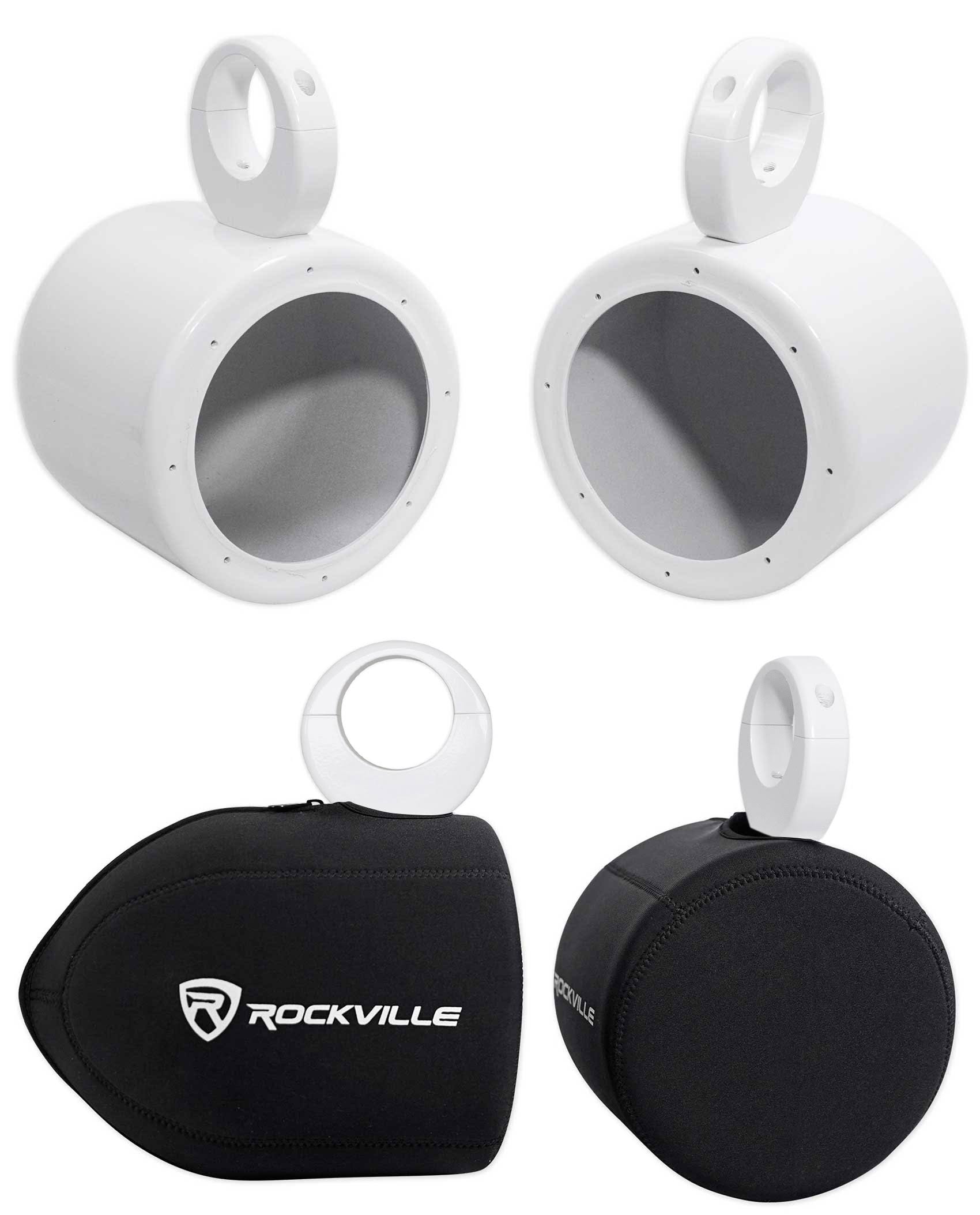 Pair Rockville MAC65W 6.5x22 White Aluminum Wakeboard Tower Speaker Pods+Covers