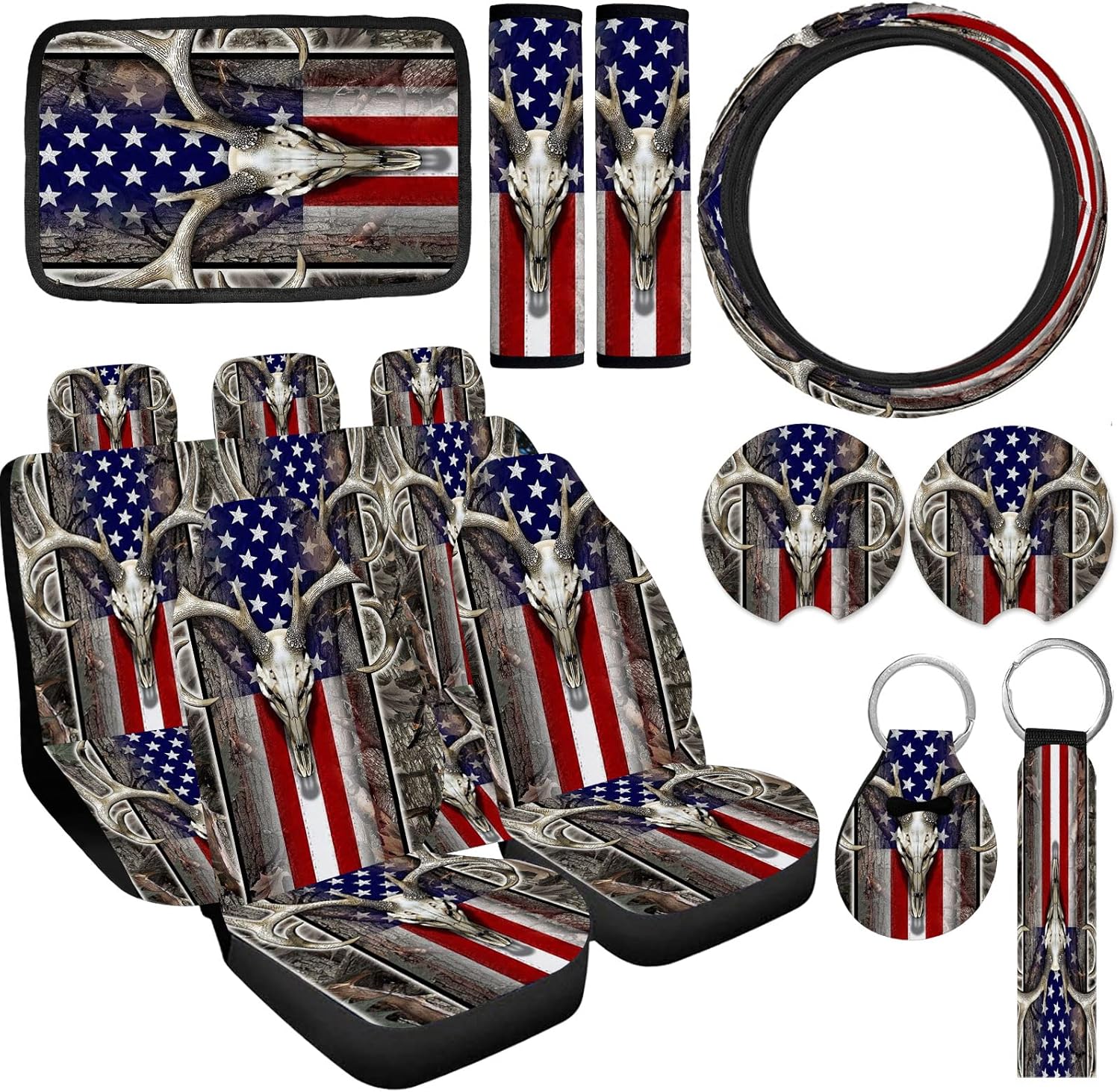 JINGSEN 15 Pieces American Flag Wood Deer Skull Camo Print Car Accessories Set,Steering wheel cover Center Console Armrest Pad Headrest Seat Belt Cover Handbrake Gear Cover Keychain Coasters Full Set for Car SUV