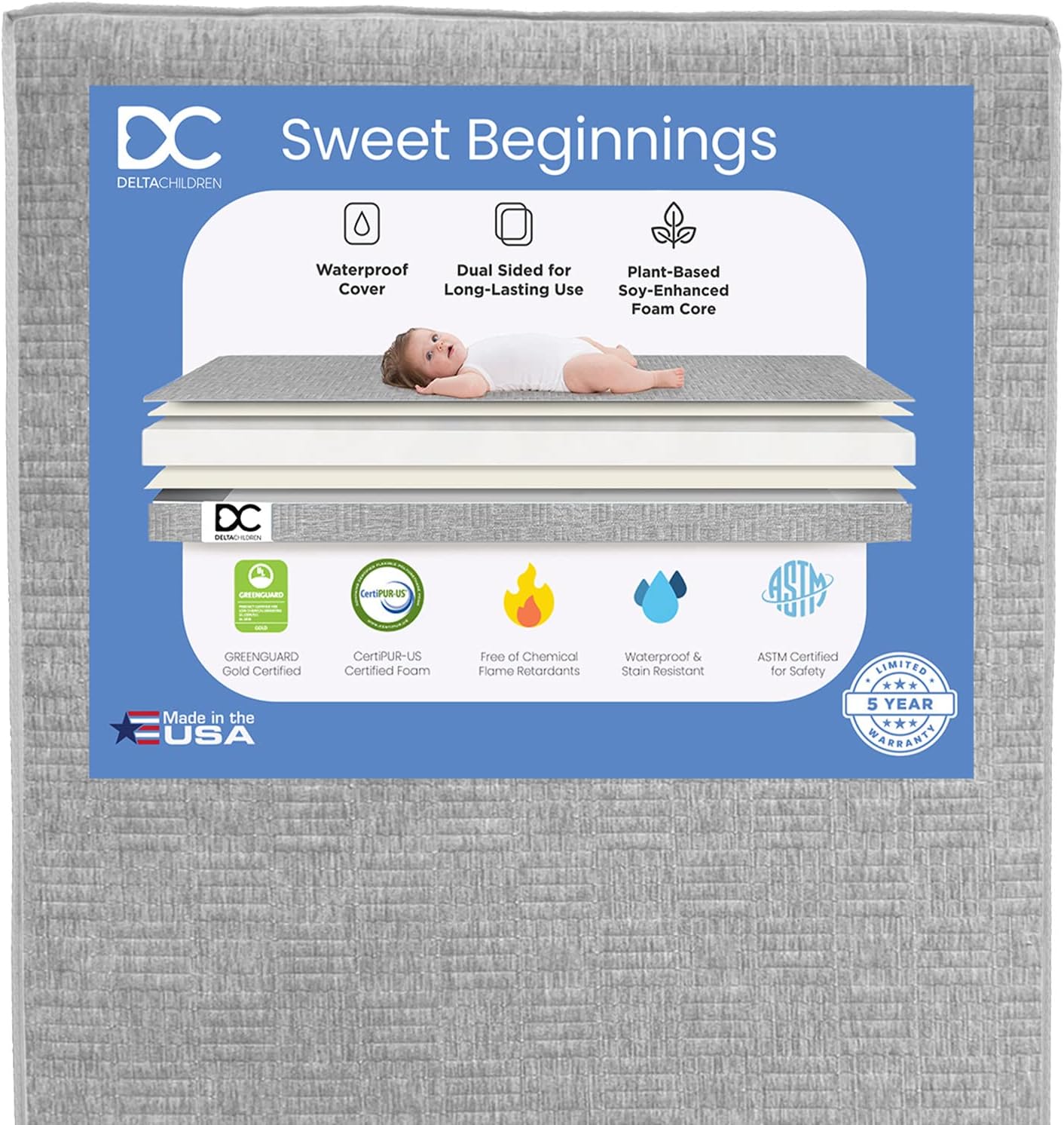 Delta Children Sweet Beginnings Dual Sided Baby Crib Mattress and Toddler Mattress, GREENGUARD Gold and CertiPUR-US Certified, Firm Plant-Based Foam, Waterproof, 5 Year Warranty, Made in USA Pack of 2