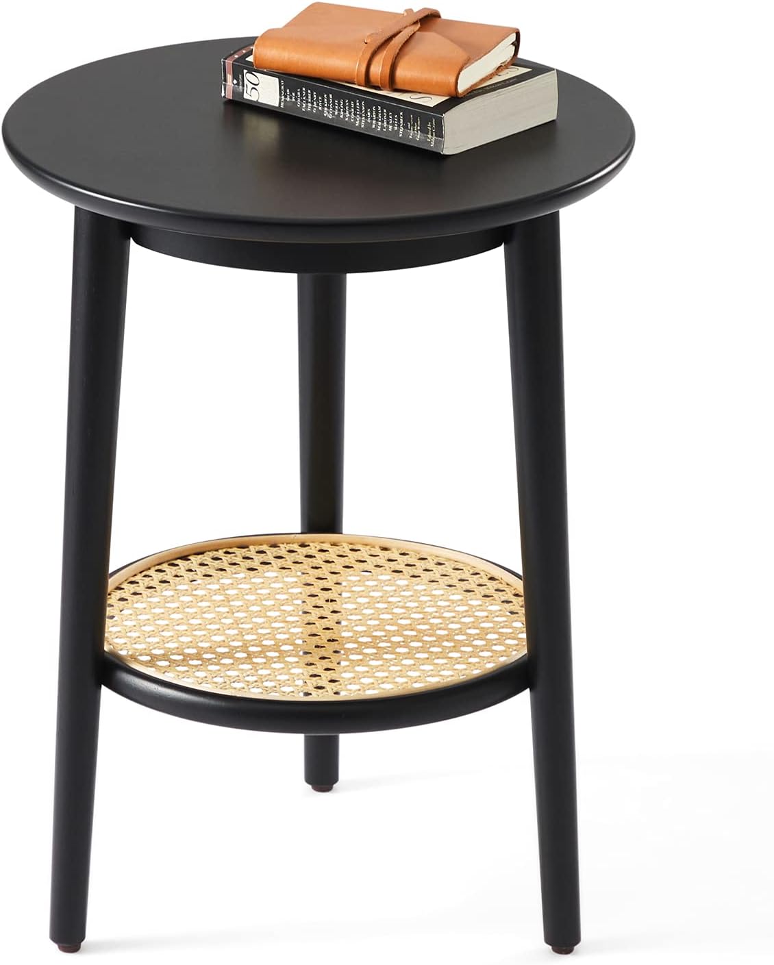 Harmati Round Side Table with Storage - Black End Table for Living Room, Bedroom and Small Spaces, Modern Accent Bedside Tables Easy Assembly, Solid Wood Legs & Natural Rattan