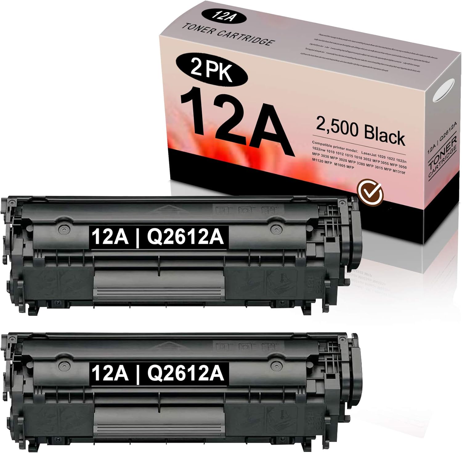 2 Pack Black 12A | Q2612A Toner Cartridge Replacement for HP 1020 (Q5911A) 1010 (Q2640A) 1012 (Q2641A) 1015 (Q2642A) 1018 (CB419A) 3052 (Q6502A) 3055 (Q6503A) 3020 (Q2665A) Printer Toner. Pack of 2