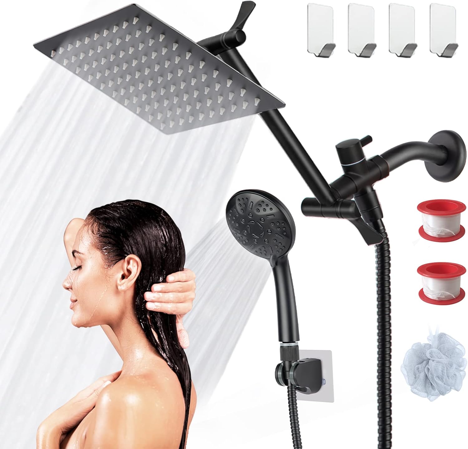 COSYLAND 8'' Rainfall Shower Head with Handheld Combo High Pressure 9 Settings with 11'' Extension Arm 60
