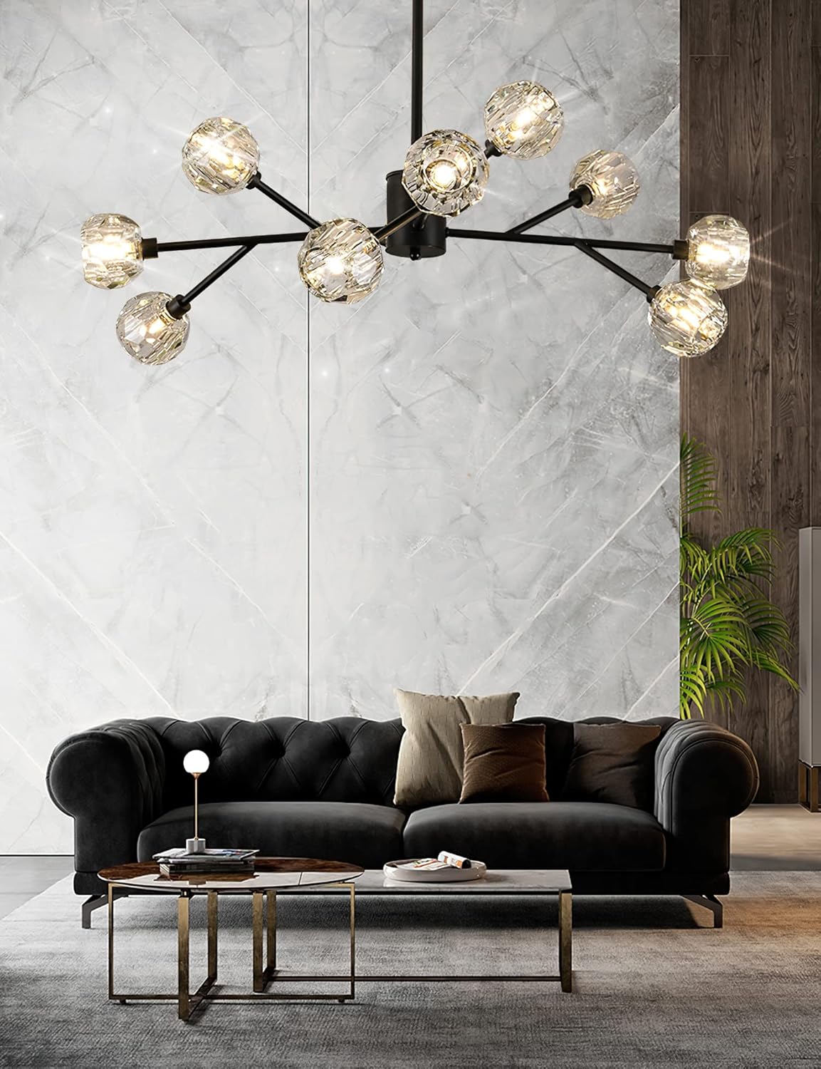 Sputnik Chandeliers Black Branches Chandeliers Mid Century Crystal Pendant Light Chandelier 9 Lights Modern Contemporary Crystal Chandelier Ceiling Light Fixtures for Dining Room Bedroom Living Room