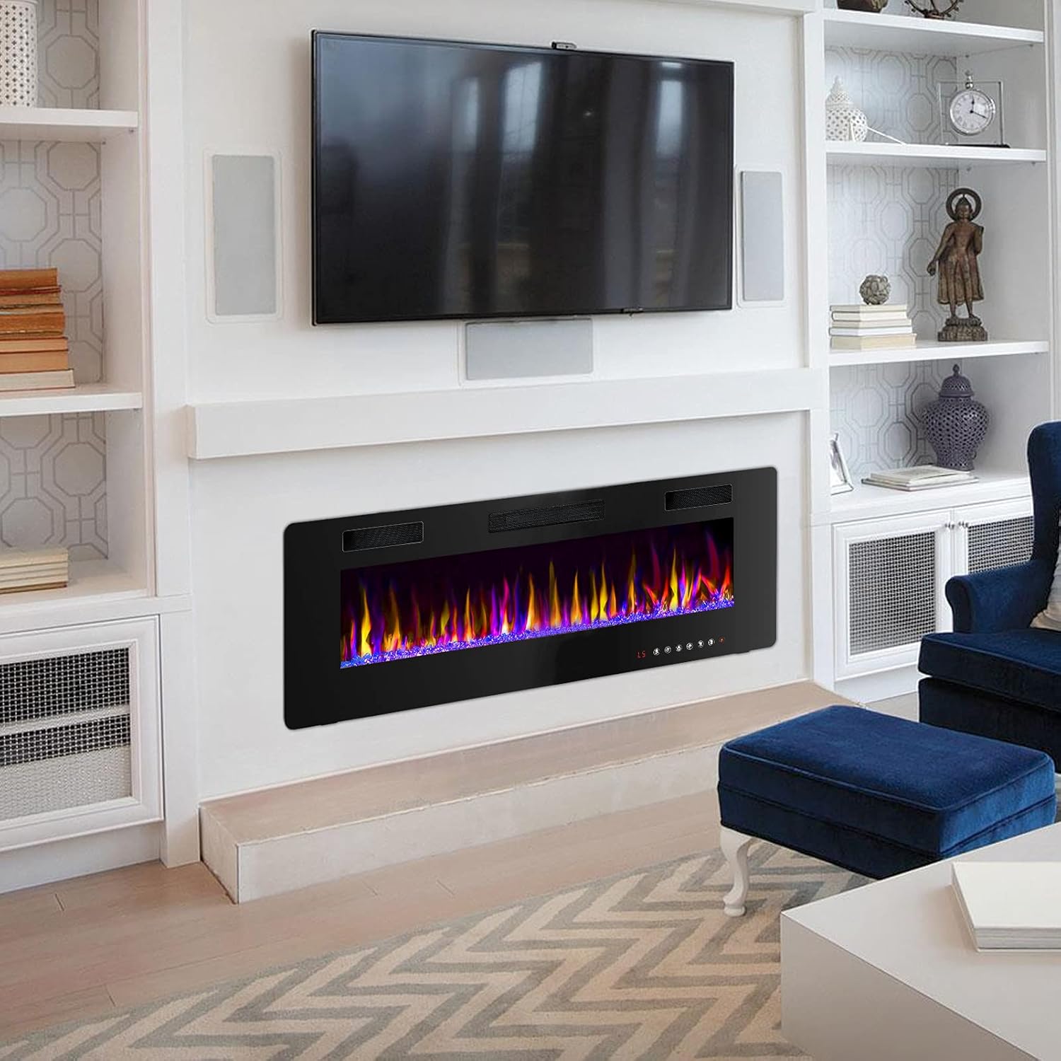 Lemberi 42 inch Electric Fireplace Recessed and Wall Mounted, Fireplace Heater and Linear Fireplace with Touch Screen Control Panel, Remote Control,Adjustable Flame Color and Speed (42 inch)