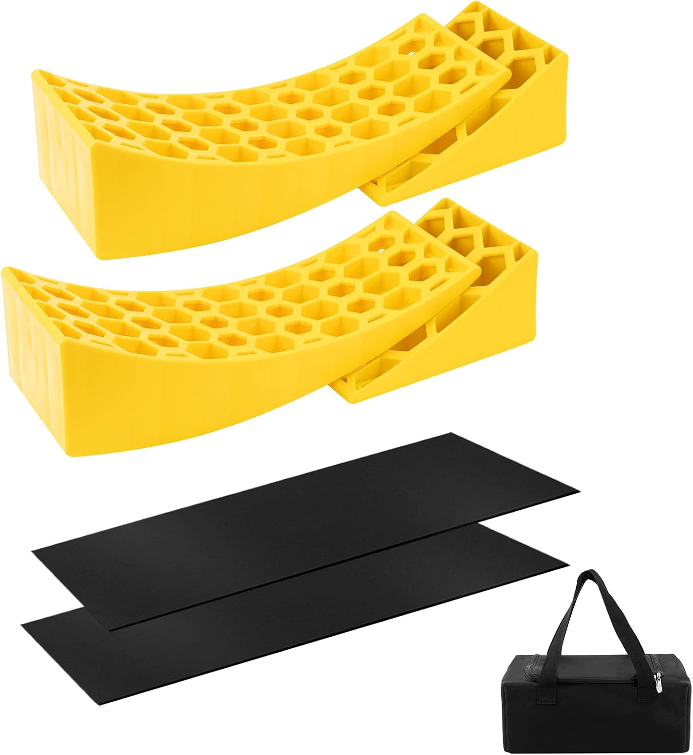 2-Pack Camper Leveler Kit- Heavy Duty RV Levelers RV Leveling Blocks Includes 2 Curved Levelers 2 Wheel Chocks 2 Anti-Slip Rubber Grip Mats for RV Camper Travel Trailer Motorhome Up to 30,000 lbs Pack of 2