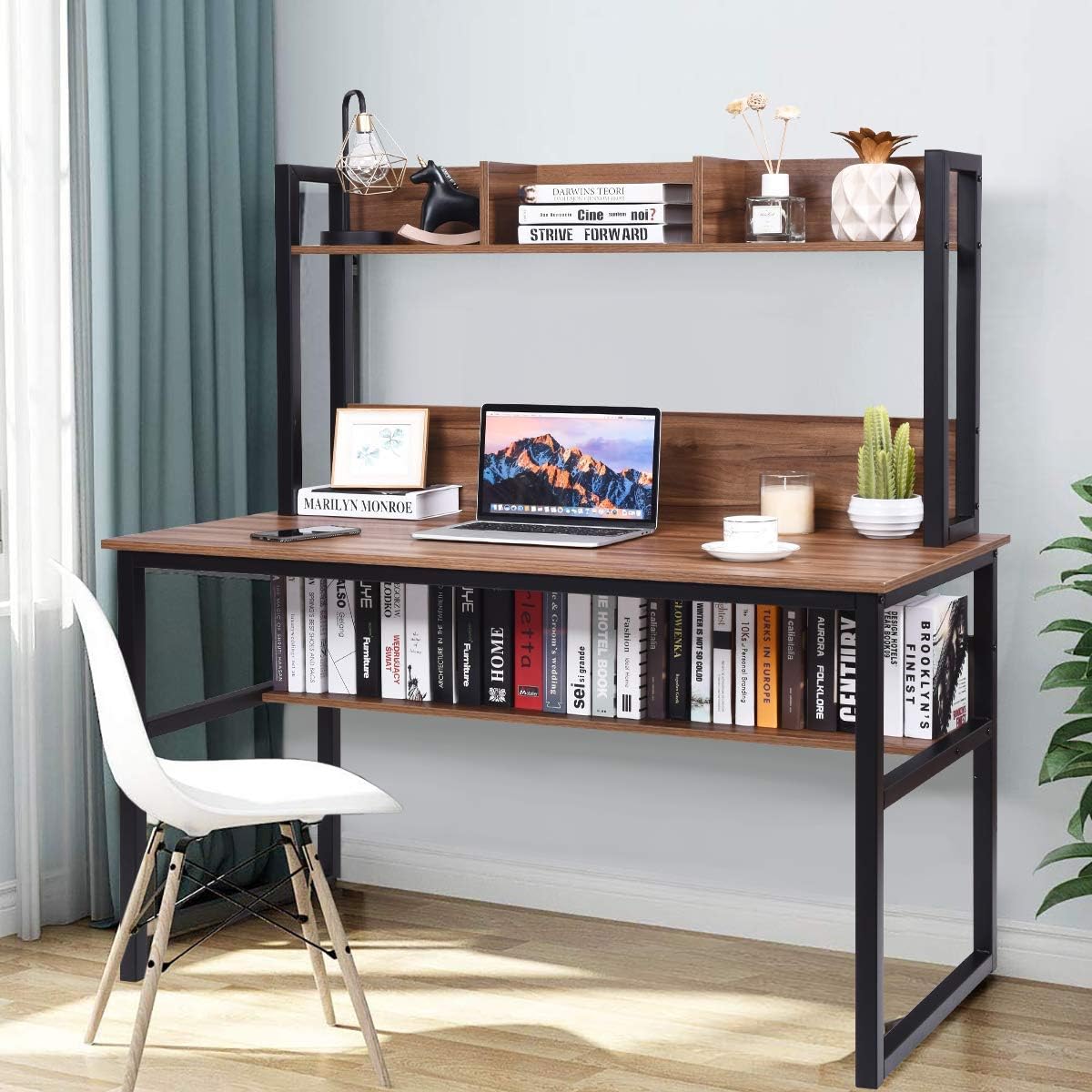 Tangkula Computer Desk with Hutch, Home Office Desk Study Writing Desk with Storage Bookshelves, Space Saving Computer Workstation for Home Office (Dark Walnut)