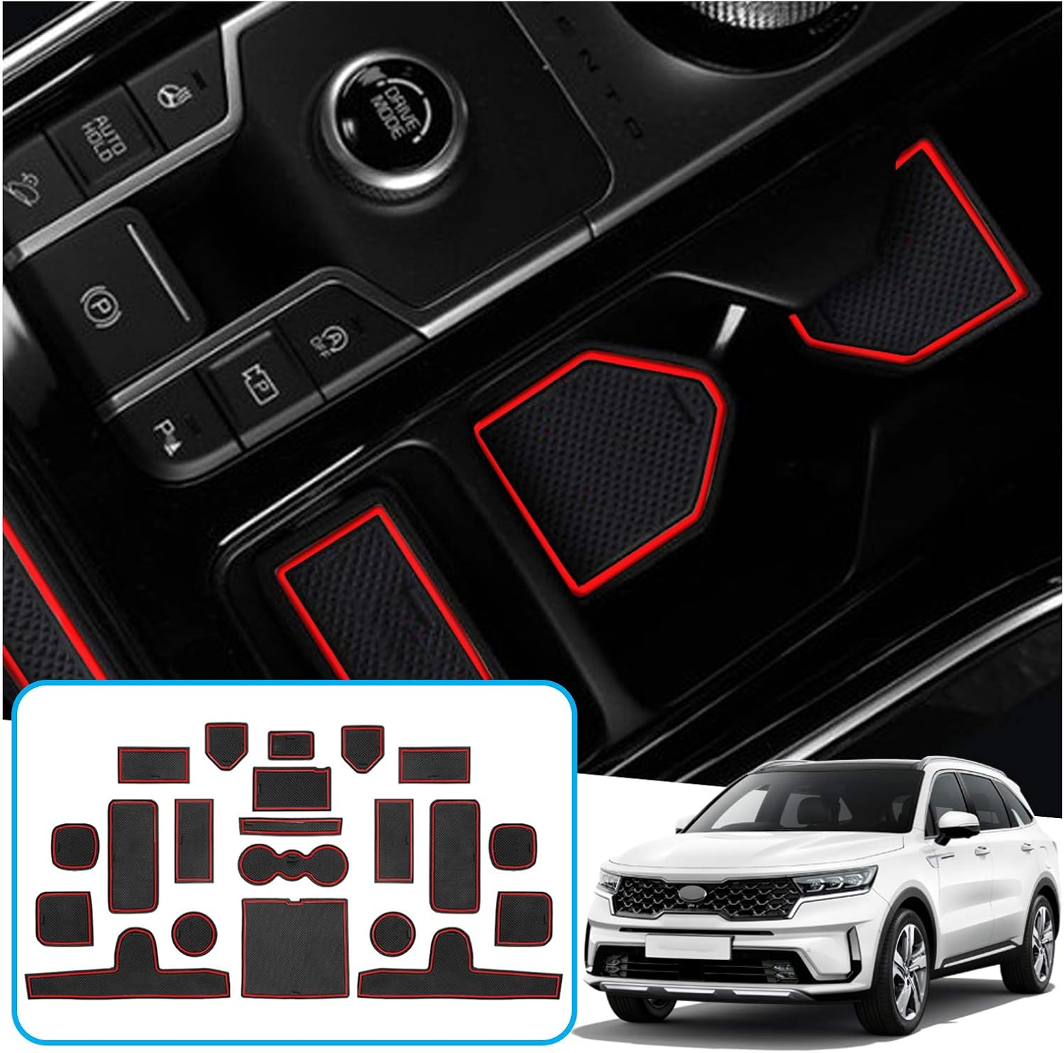 Ruiya Door Slot Pad for 2021+ Sorento MQ4 Cushion Non-Slip Gate Slot Pad Cup Mat Car Interior Automotive Decoration Fit Cup, Door, and Console Liner Accessories 21PCS/1SET (Red)