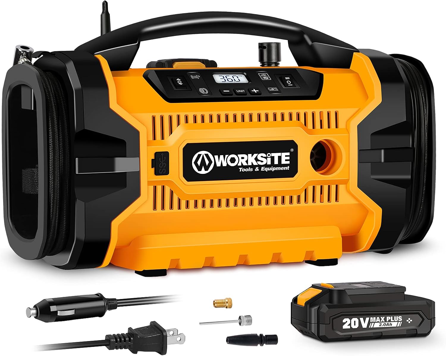 Tire Inflator Air compressor Portable, 160 PSI Car Tire Pump with 3 Power Supply (110V AC, 12V DC & 20V Battery), Inflation & Deflation Modes, Dual Powerful Motors, Digital Pressure Gauge, WORKSITE