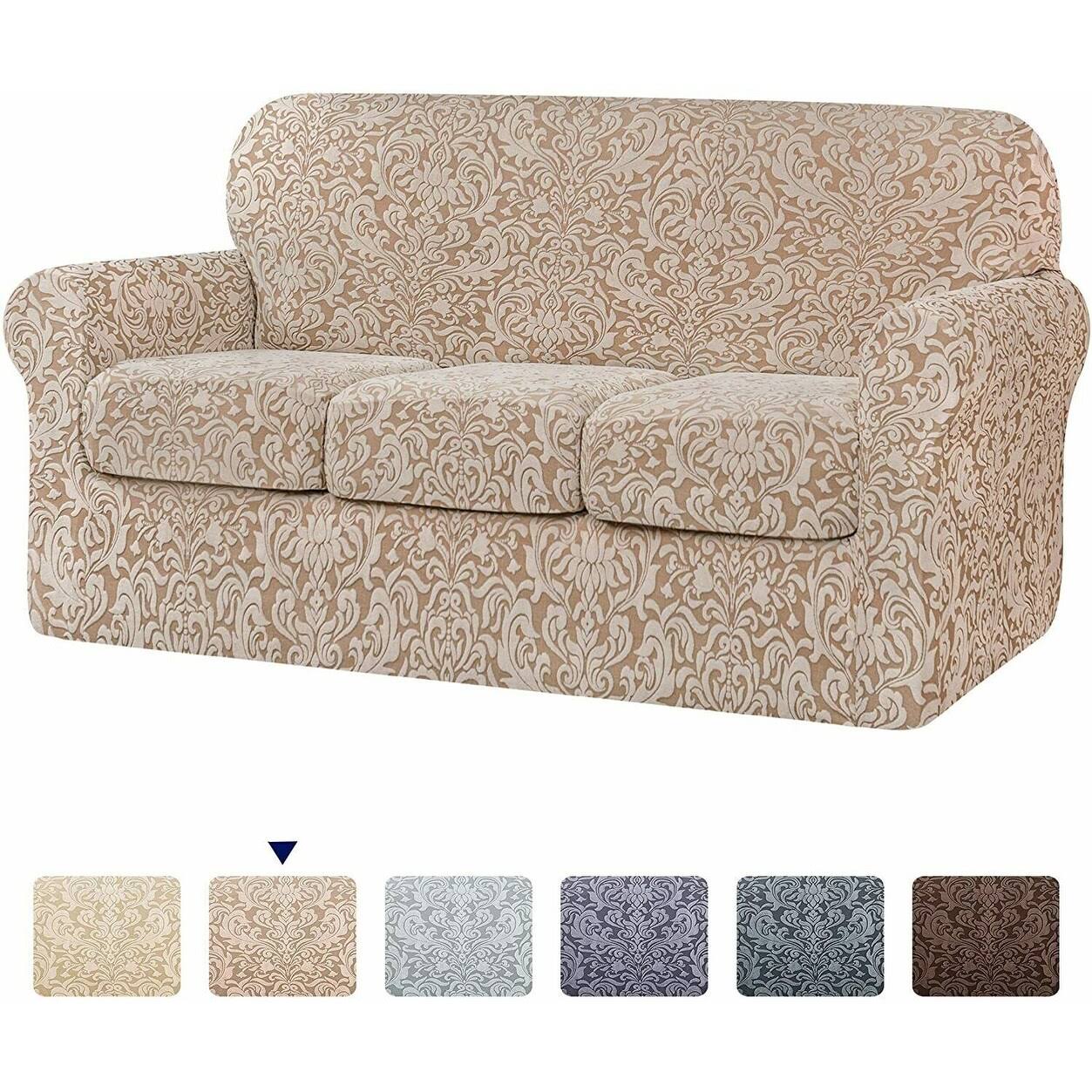Subrtex 4-Piece SEPARATE Couch Cover Jacquard Damask Sofa Stretch - Brown
