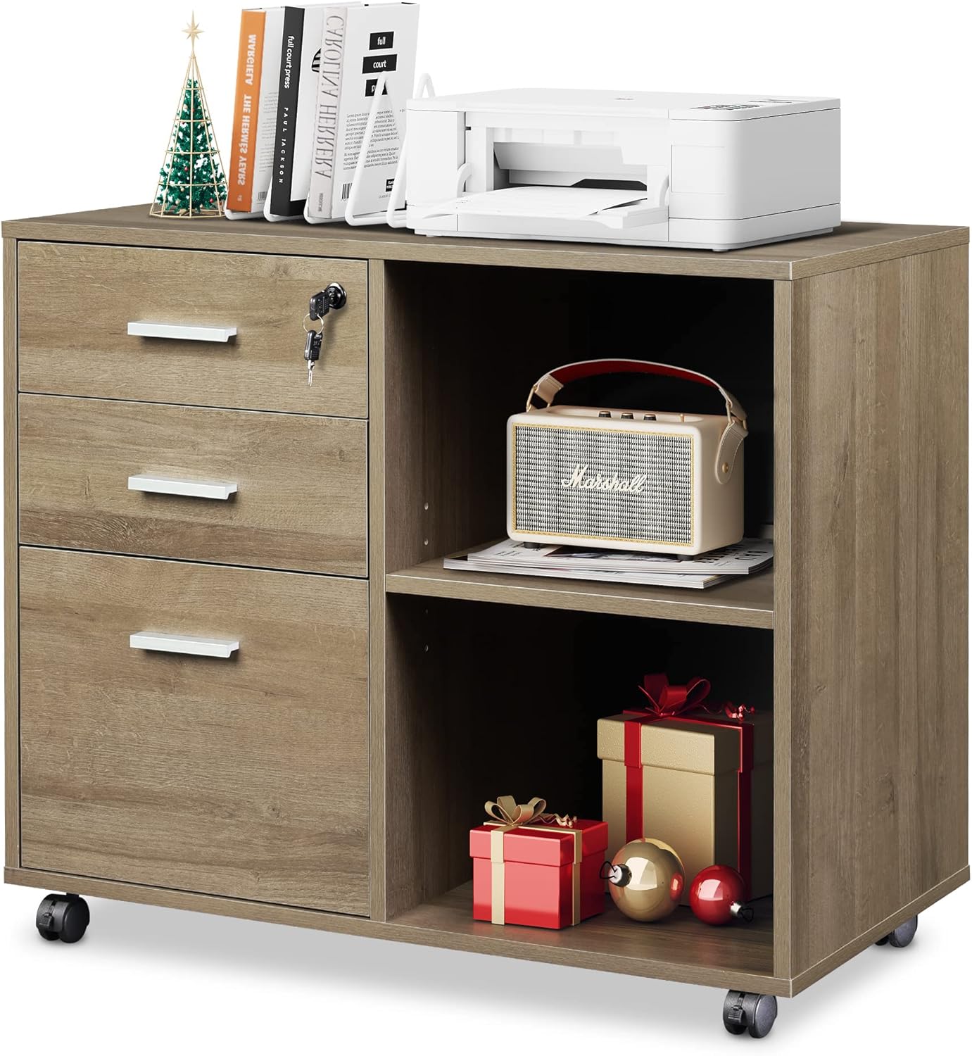 DEVAISE 3-Drawer Wood File Cabinet with Lock, Mobile Lateral Filing Cabinet, Printer Stand with Open Storage Shelves for Home Office, Black