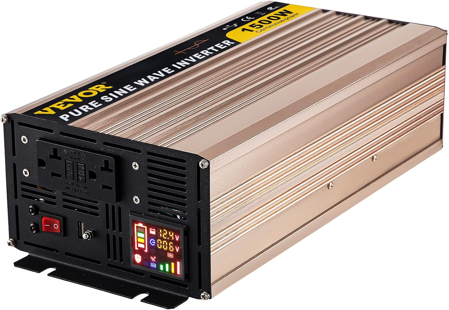 VEVOR Pure Sine Wave Inverter, 1500 Watt Power Inverter, DC 12V to AC 110V Car Inverter, with LCD Display, 5V USB Port, AC Outlets (GFCI) Power Converter, for Car, RV Truck,Solar System,Travel Camping