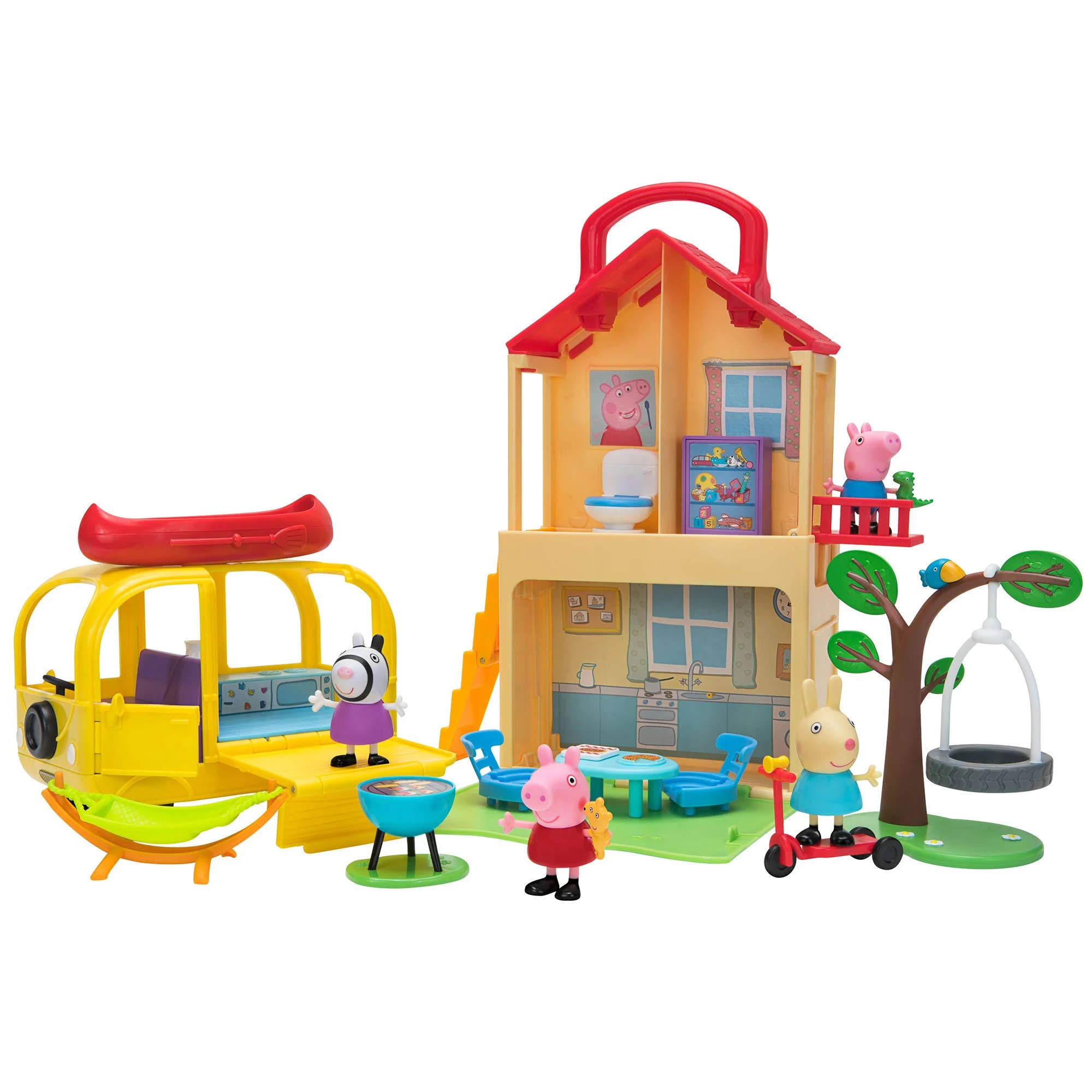 Peppa Pig Play House u0026 Play N& Go Campervan Playset Combo Pack [Includes Teddy, George with Dino, Suzy Sheep, Rebecca Rabbit