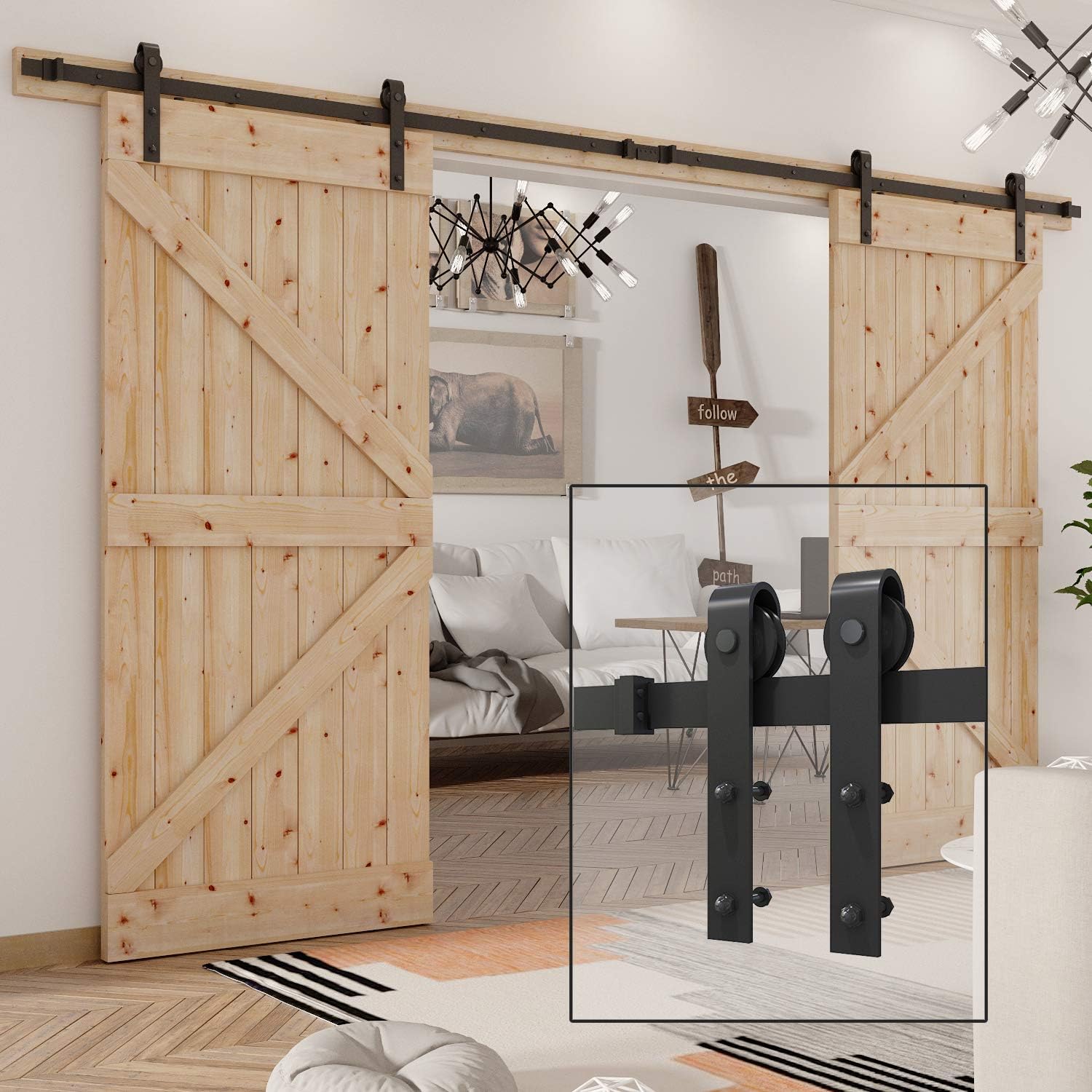 WBHome SDH-0223-BK 13Ft Double Barn Hardware Kit Sliding Door Track Rail Steel, Black Pack of 2