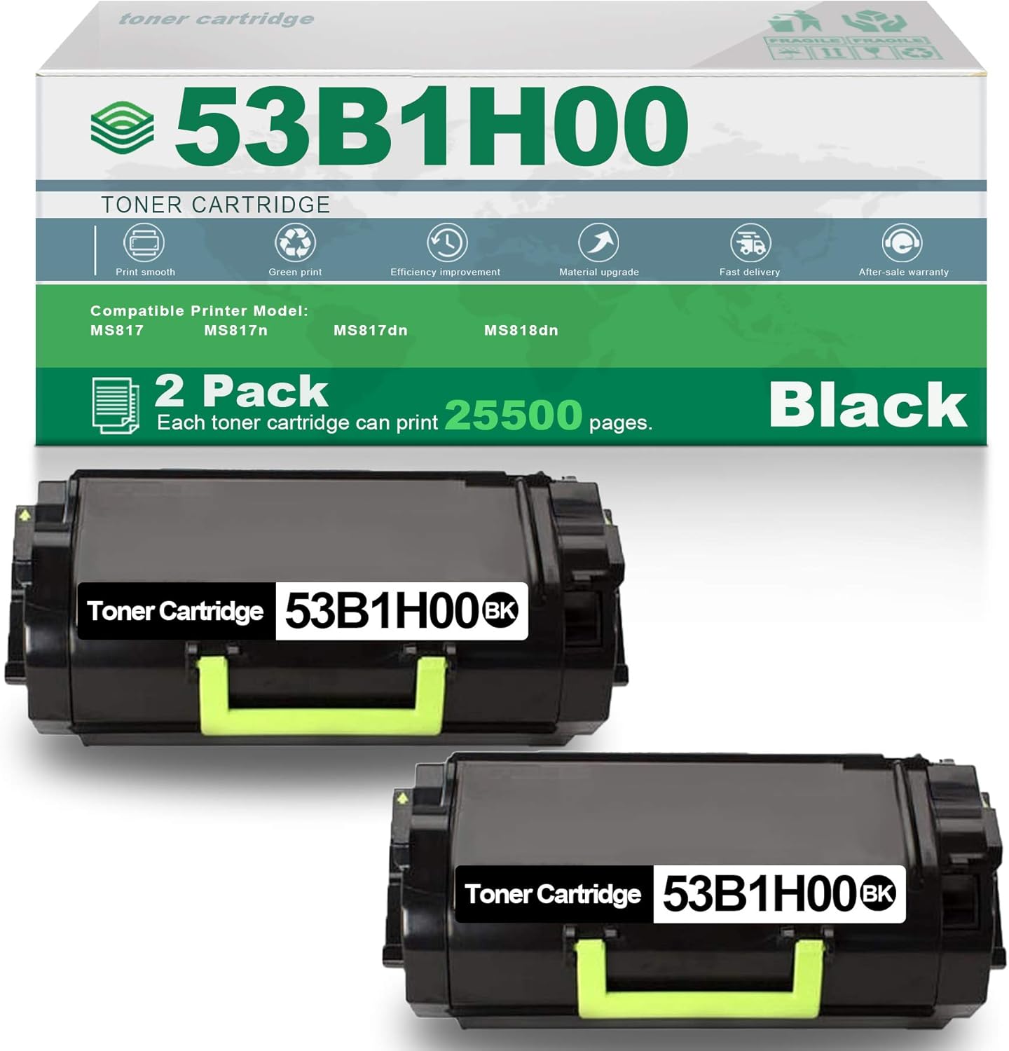 2 Pack Black Compatible 53B1H00 High Yield Remanufactured Toner Cartridge Replacement for Lexmark MS817 MS817n MS817dn MS818dn Printer.