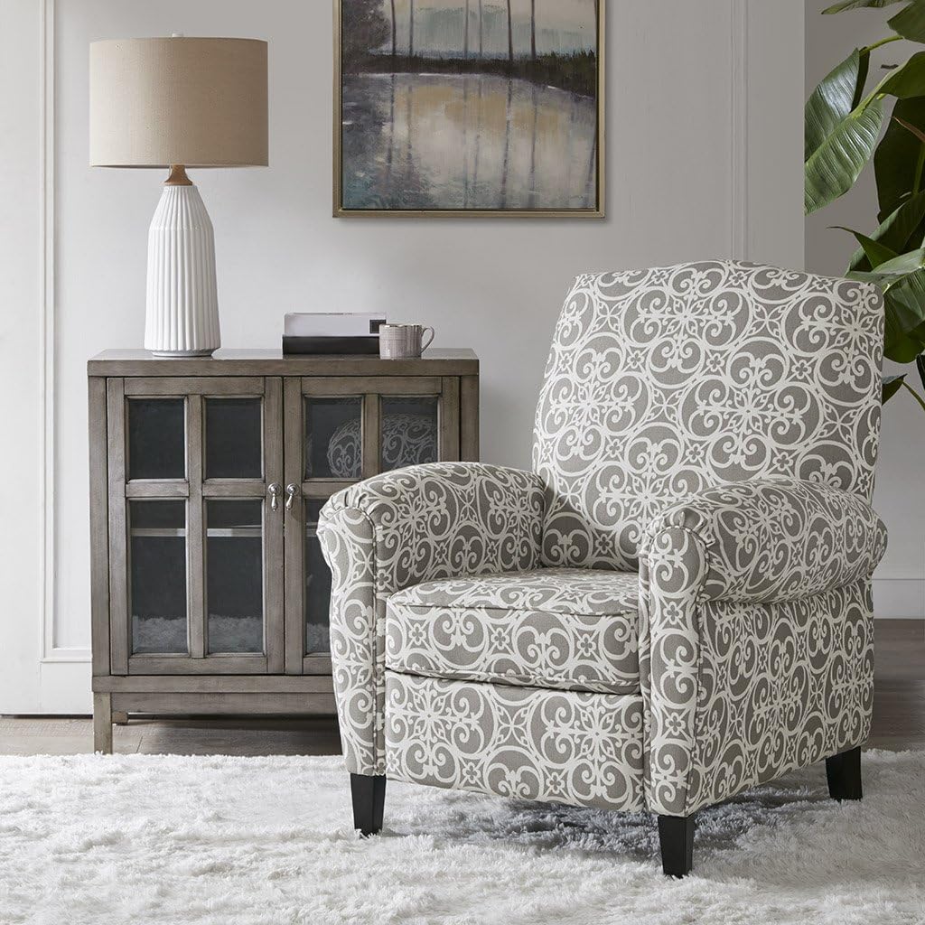 Madison Park Kirby Recliner Chair - Solid Wood, Plywood, Rolled Back Button Tufted Accent Armchair Modern Classic Style Family Room Sofa Furniture, Grey