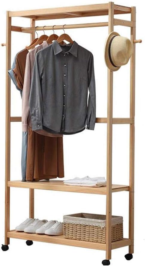 COAT RACK Floor Solid Wood with Shoe Rack Storage Clothes Hanger (Color : Brown)