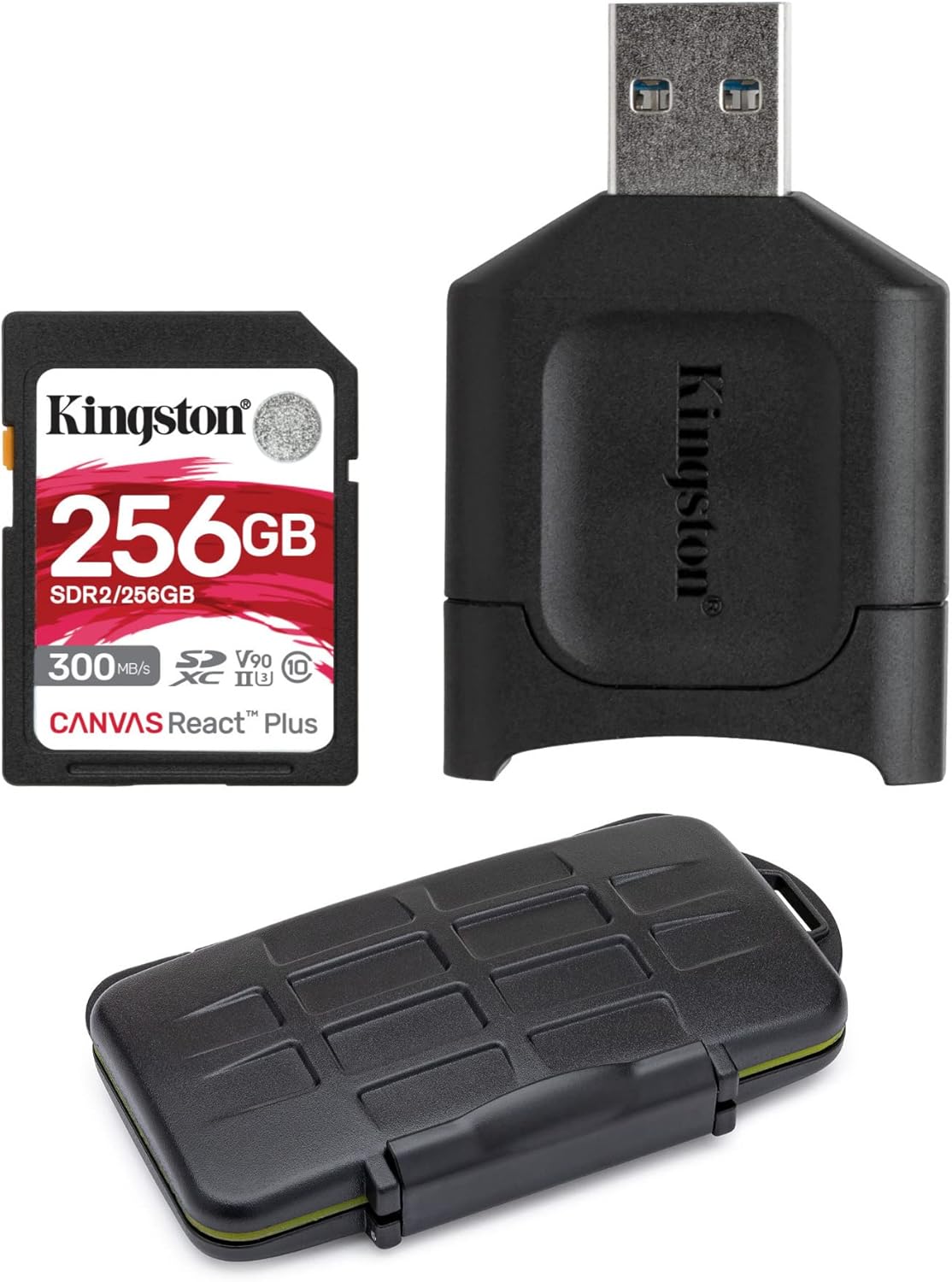 Kingston 256GB Canvas React Plus V90 UHS-II SDXC Card with UHS-II SD Card Reader with Koah Memory Case Bundle (3 Items)