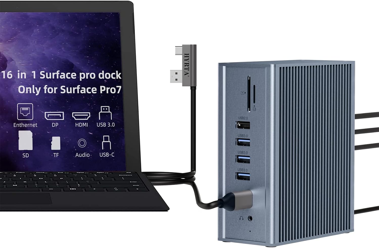 Surface Pro Docking Station, HYRTA 16 in 1 USB C Docking Station Quadruple Monitor for Surface Pro 7, Surface Pro 7 Laptop Dock with 4K 2HDMI,4K DP, USB-C 3.0, 60W PD, RJ45, 6USB Ports, SD/TF, Audio