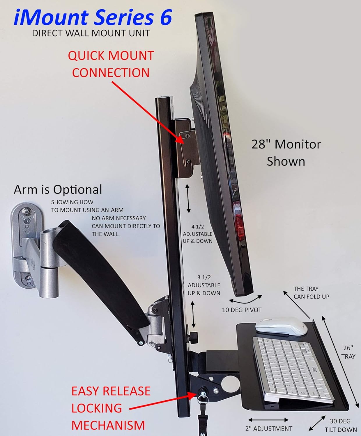 SDS iMount 6.0, Premium VESA Mount, Monitor and Keyboard Wall Mount, Quick Sliding Adjustability, Quick Easy Monitor Attachment, Tilt and Fold-up, Direct Wall Mounting, VESA 100mm Arm Mounting Provide