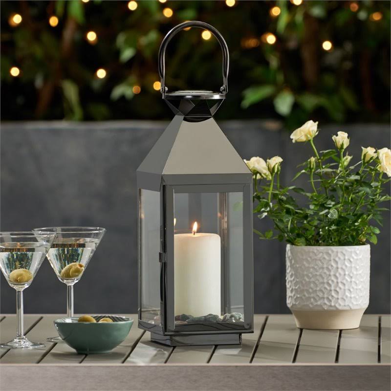 Noble House Tulsa 16x22 Modern Outdoor Stainless Steel Lantern in Black