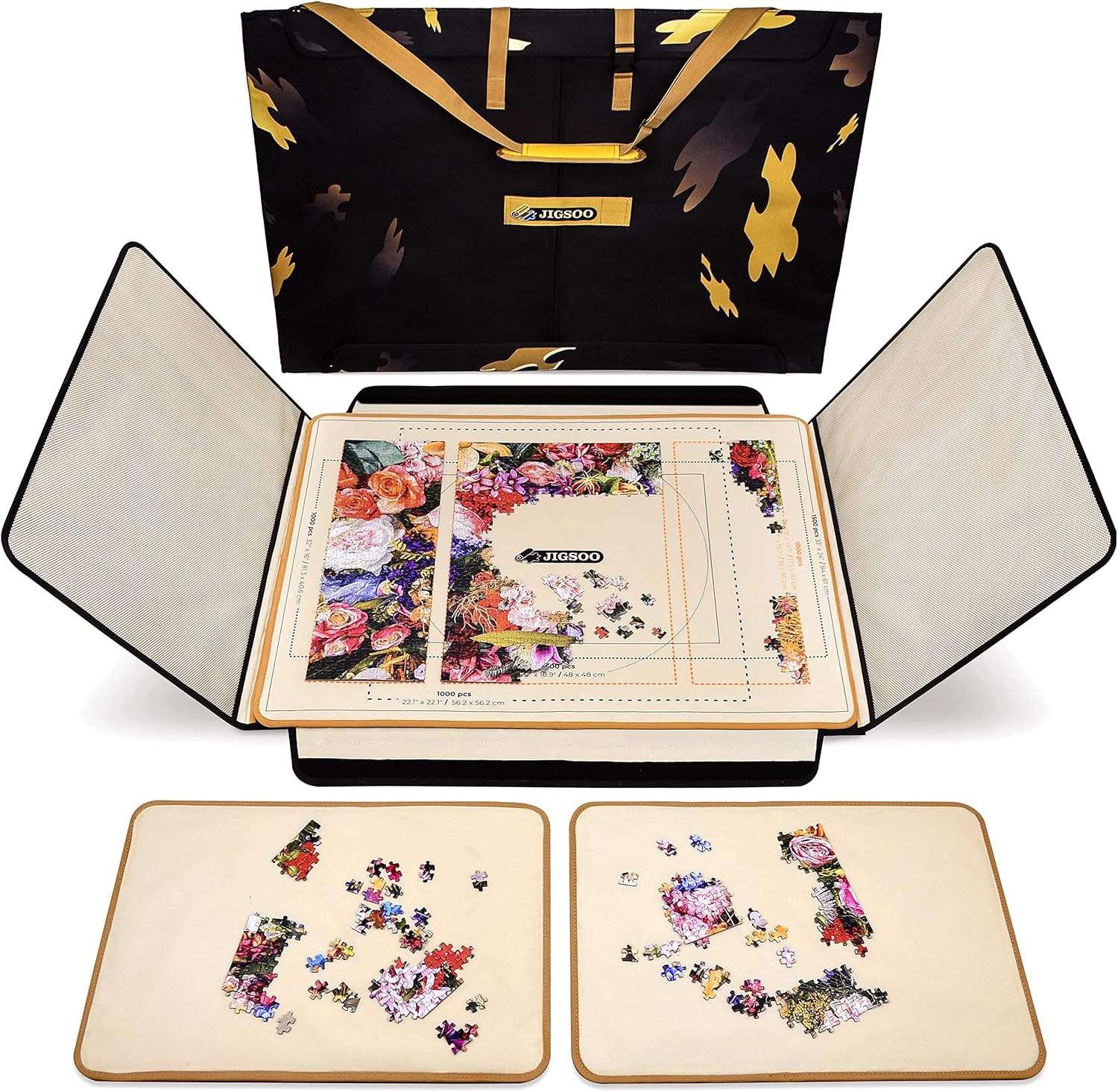 Jigsoo Portable Jigsaw Puzzle Case - 1500 Pieces Jigsaw Organizer Puzzle Storage with Central Board and 2 Sorting Trays - Practical Puzzle Saver with Shoulder Strap, 2 Handles & Velcro Closure Keeper
