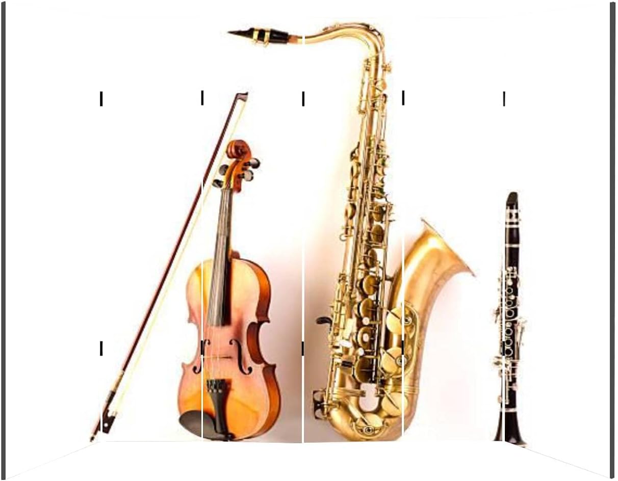 Dola-Dola Wood Screen Room Divider Sax Tenor Saxophone Violin and Clarinet in White Folding Screen Waterproof Canvas Panels Indoor Portable Privacy Dual-Sided Display Shelves 6 Panel