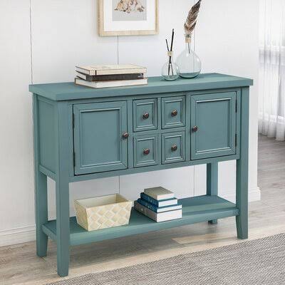 Osman 46x22 Wide 4 Drawer Acacia Wood Sideboard Breakwater Bay Color (Base/Top): Dark Blue