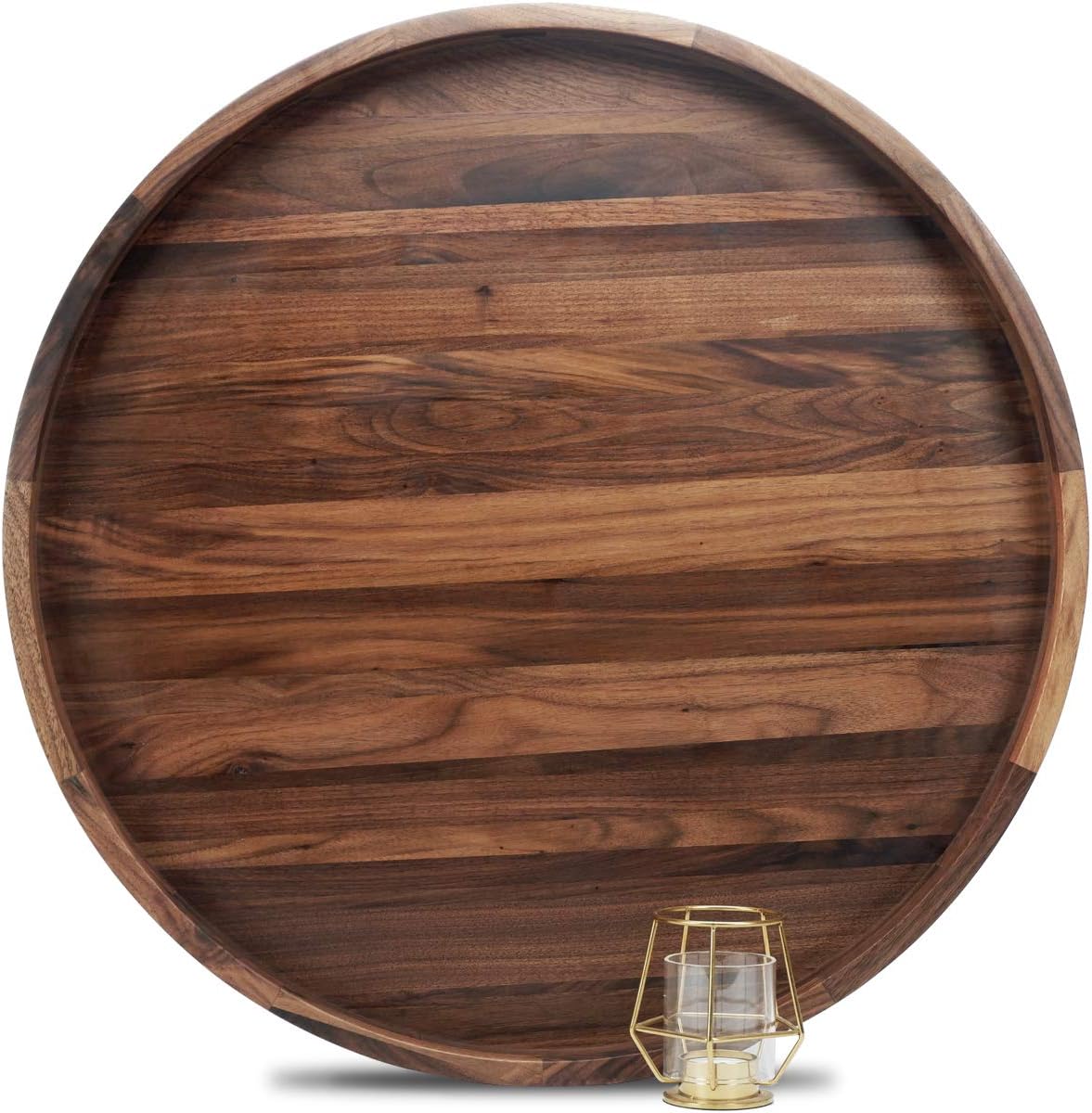 MAGIGO 24 Inches Extra Large Round Black Walnut Wood Ottoman Tray with Handles, Serve Tea, Coffee or Breakfast in Bed, Classic Circular Wooden Decorative Serving Tray