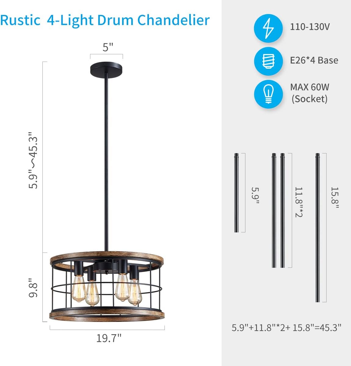 XINGQI Drum Chandelier, Rustic Ceiling Light Black + Reclaimed Oak Style Wood Finish with Metal Shade Farmhouse Pendant Lighting for Living Room Dining Room Bedroom Kitchen Island 4 Light