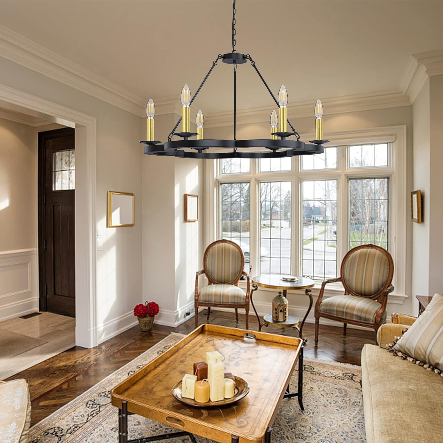 Vonfame 6-Light Farmhouse Wagon Wheel Chandelier, Rustic Modern Matt Black Industrial Chandeliers with Height Adjustable, Black Finish, Suitable for Kitchen Island Dining Room Bedroom Living Room