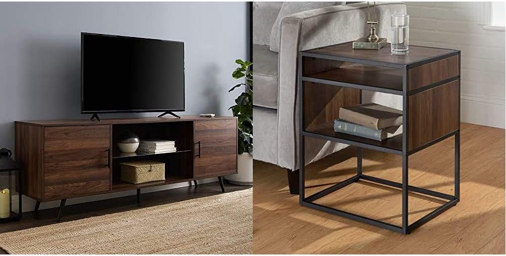 Walker Edison Furniture Company Mid Century Modern Wood Universal Stand, Dark Walnut & Industrial Modern Metal Frame Wood Rectangle Side Accent Set Living Room Storage Shelf End Table, Walnut Brown