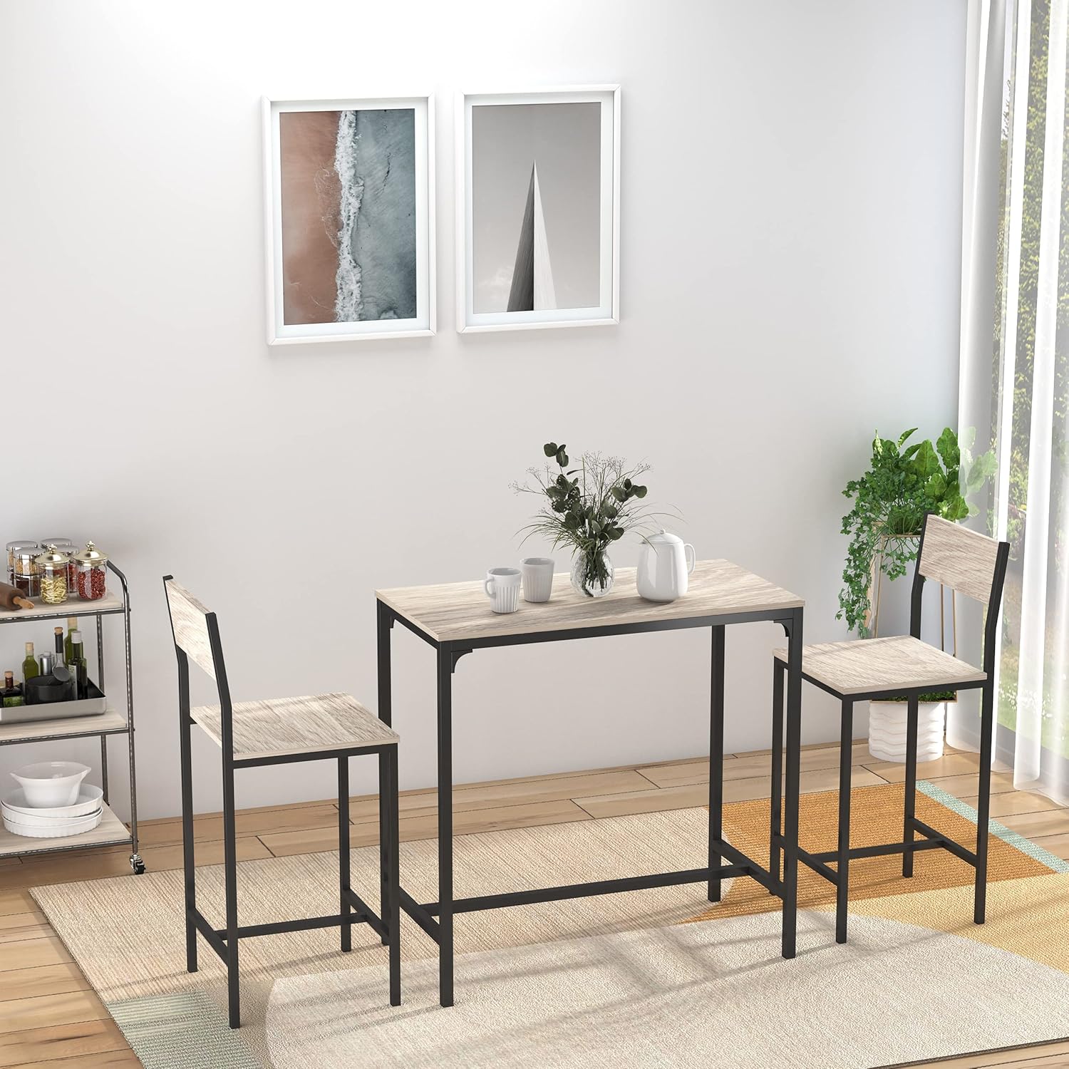 HOMCOM Industrial Bar Table Set Counter-Height 3-Piece and 2 High Back Stools Set for Small Space in the Dining Room