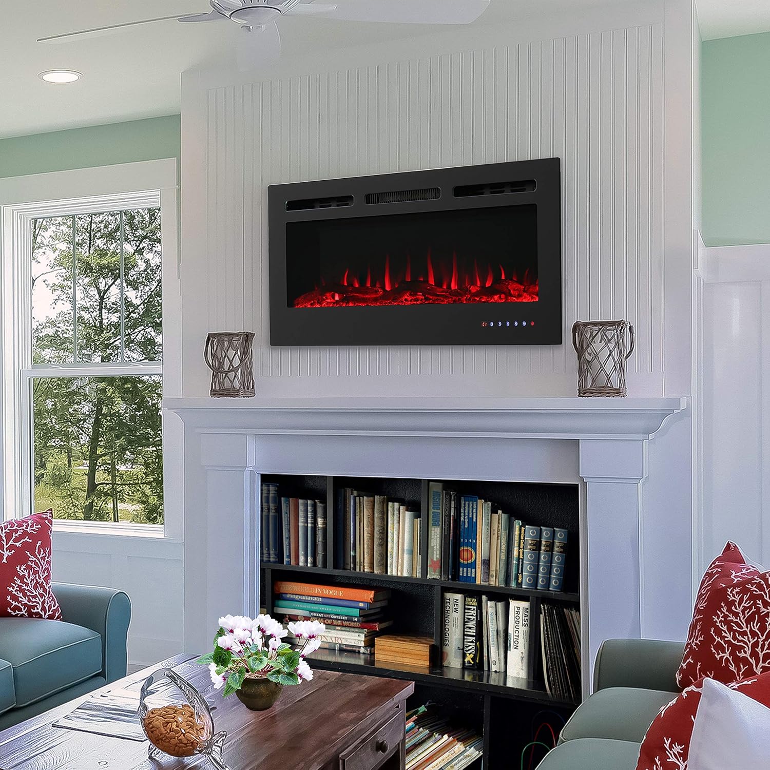 Sunnydaze Modern Flame 36-Inch Mounted Indoor Electric Fireplace - Horizontal LED Electronic Fireplace - Wall-Mounted or Recessed Installation - 9 Color Options for Flames - Black Finish