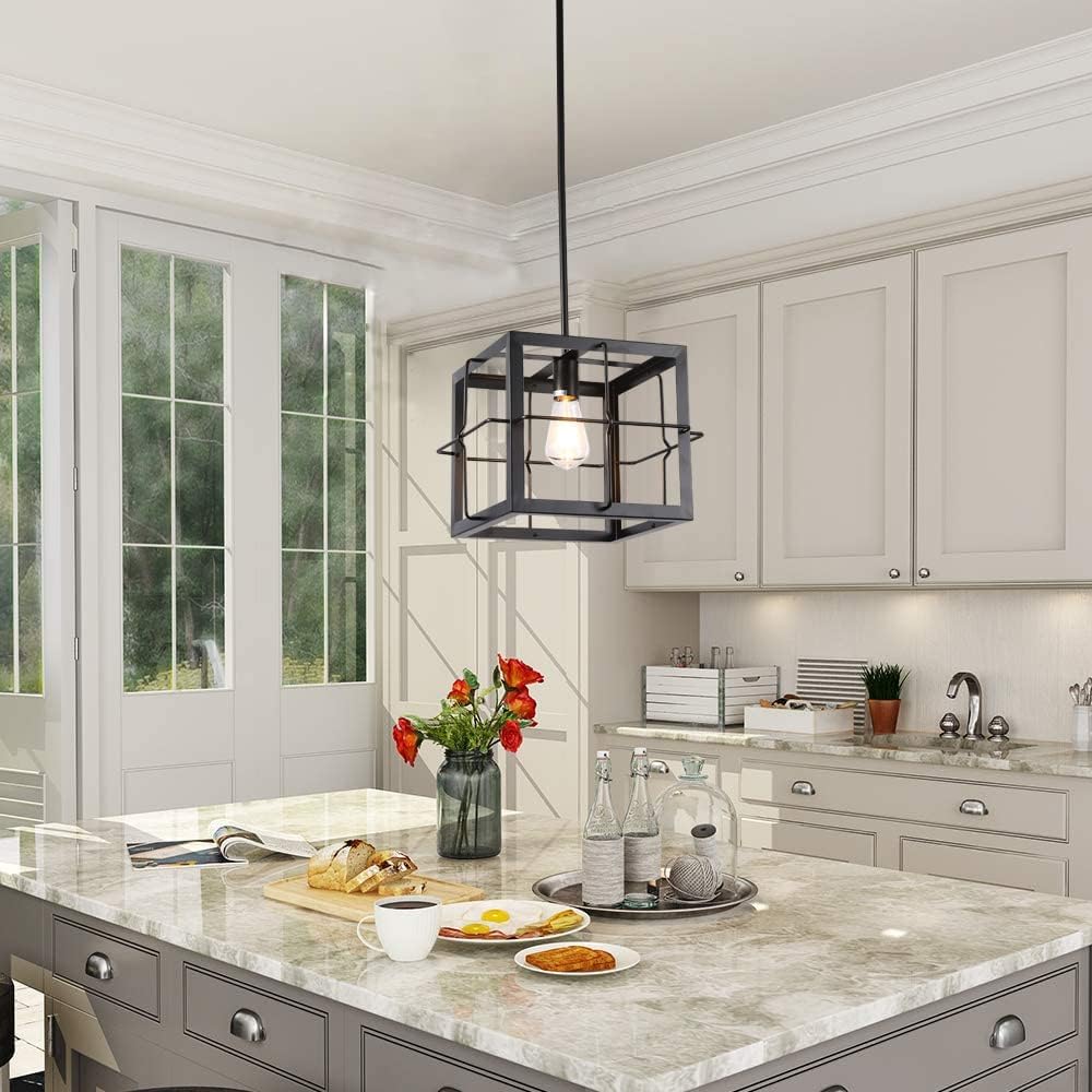 SHGYOBO Modern Black Iron Large Cube Farmhouse Chandelier, Height Adjustable ,1 Light E26,Perfect for Corridor,Porch,Bar,Hallway,Kitchen Island,Dining Room,Living