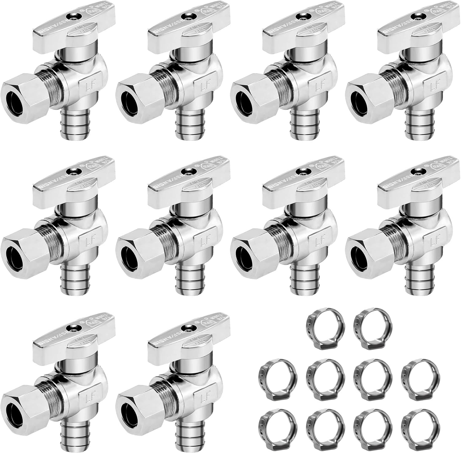 TreMax Angle Stop Valve 10 Pack,1/2'' Pex x 1/4'' OD Compression,1/2'' Pex x 3/8'' OD Compression, 1/4 Turn Water Shut Off Valve,3/8 Inch OD,1/4 Inch OD, Lead Free, Chrome, CPVC (1/2'' PEX X 3/8'