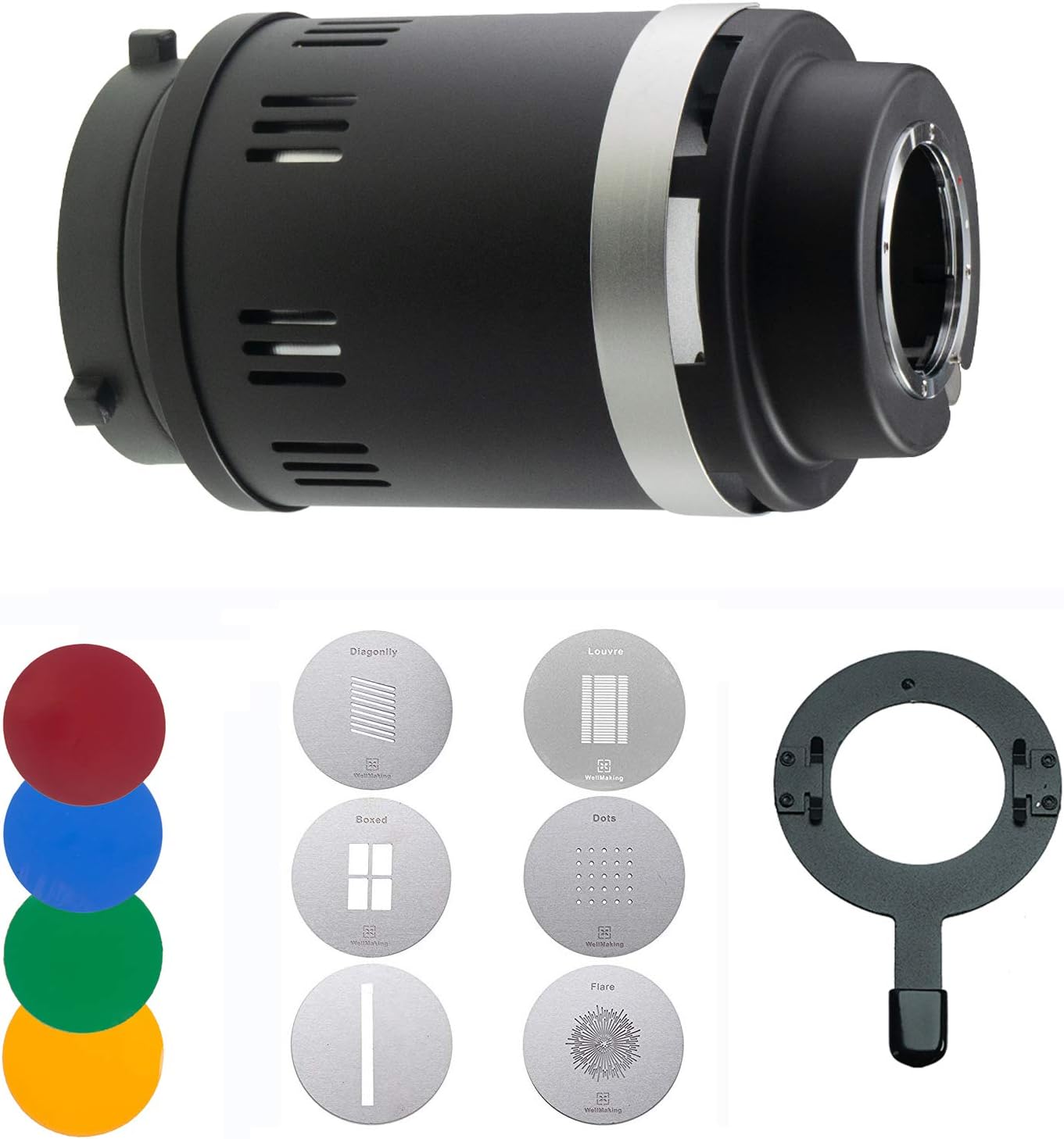 WELLMAKING Conical Snoot Bowens Mount Studio Lighting Accessory，4 Color Filters and 6 Gobos Included for Monolight Photography LED Light and Strobe Light Photographic Equipment. Not Include prime Lens
