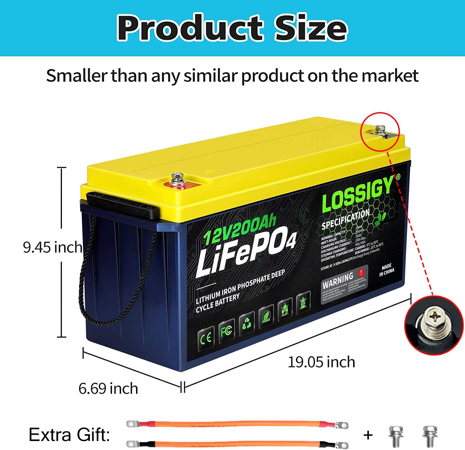 LOSSIGY LiFePO4 Battery 12V 200Ah Deep Cycle Lithium Ion Battery, Built-in 100A BMS, 4000+ Cycles, 280Amp Max, Perfectly replace all RV, Solar systems, Marine Batteries Application, Maintenance-Free