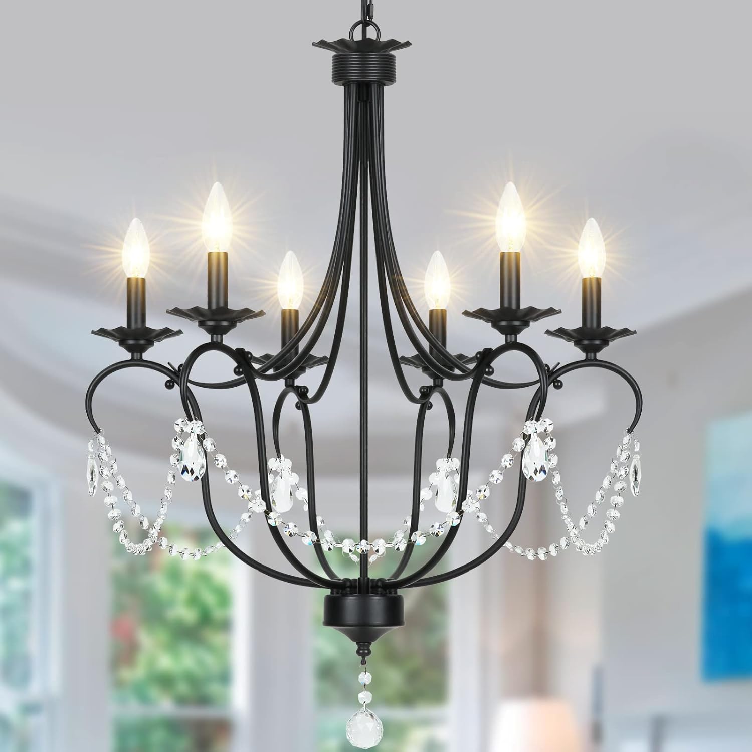 FinExpect Black Chandelier 6-Light Modern Farmhouse Chandelier with Crystal Pendant Classic Wrought Iron Chandelier for Dining Room Living Room Bedroom Kitchen, Dia 25.5