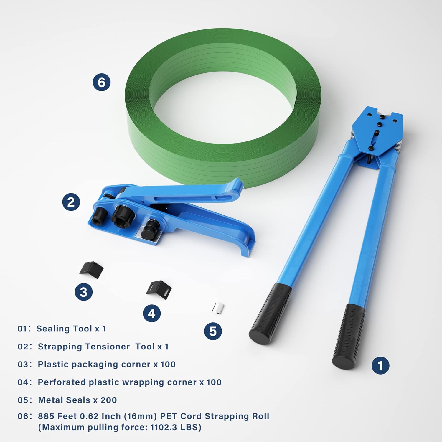 Vteilas Banding Strapping Kit Pallet Packaging Strapping Tool, Strapping Tensioner Tool, Sealing Tool, 200 Plastic Packaging Corner, 200 Metal Seals, and 5/8