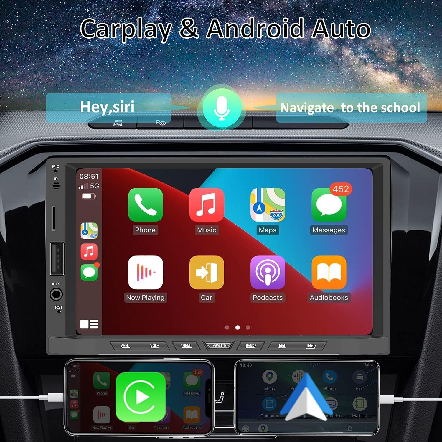 UNITOPSCI Car Stereo with Carplay Android Auto Double Din 7 Inch HD Touch Screen Car Multimedia Player with Bluetooth FM Radio Mirror Link USB Carplay Stereo Carplay Radio with Backup Camera SWC