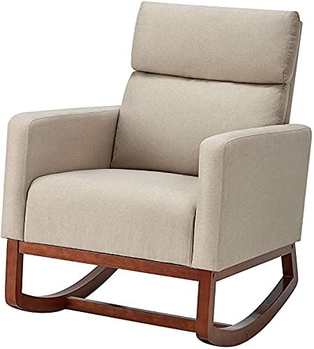 Avawing Living Room Rocking Chair, Comfortable Rocker Fabric Padded Seat Wood Base,Modern High Back Armchair,Gray
